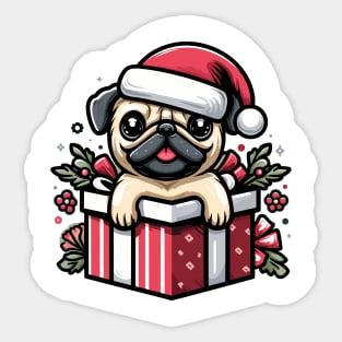 Pug In Present Dog Christmas Festive Santa Hat Sticker